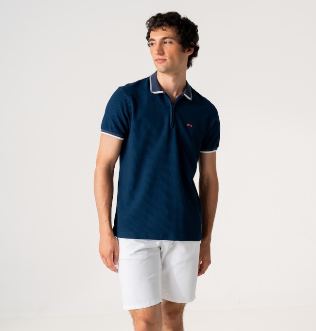 Zip Neck Waffle Polo Shirt Navy