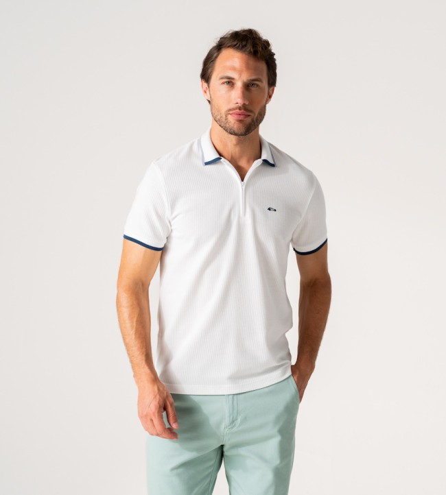 White Zip Neck Waffle Polo Shirt
