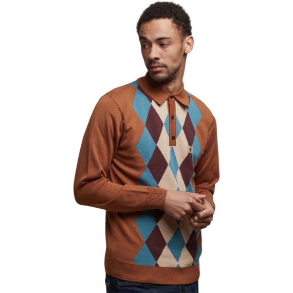 V53GM02 Pablo Argyle Knitted Polo Walnut