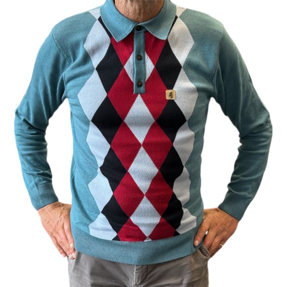 V53GM02 Pablo Argyle Knitted Polo Teal