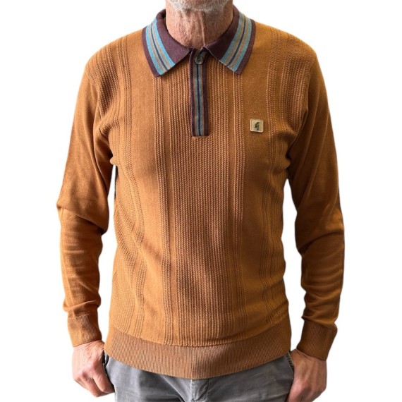 V53GM01 Dean Stripe Collar Knitted Polo Walnut