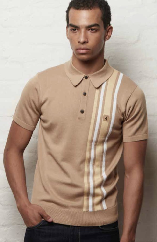 V56GM03 Soda Racing Stripe Knit Polo Sandstone