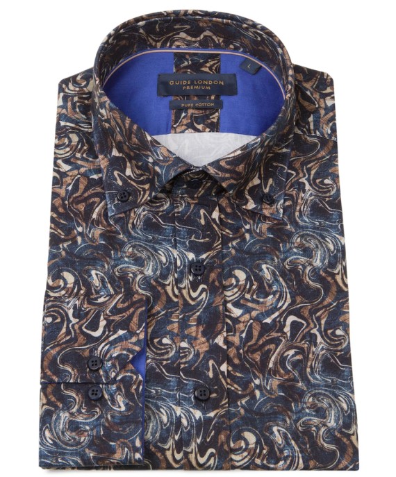 LS76368 Swirl Print Shirt Navy/Tan