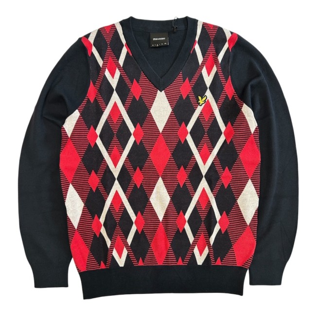 KN2490V Cotton Argyle V Neck Jumper DarkNavy/CherryRed-Y392