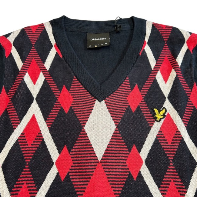 KN2490V Cotton Argyle V Neck Jumper DarkNavy/CherryRed-Y392