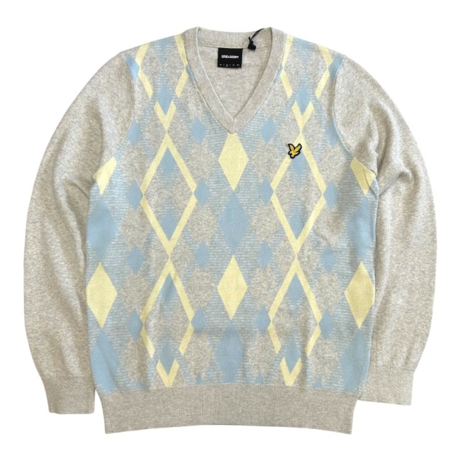 LightGreyMarl/OpalBlue-Y391 KN2490V Cotton Argyle V Neck Jumper