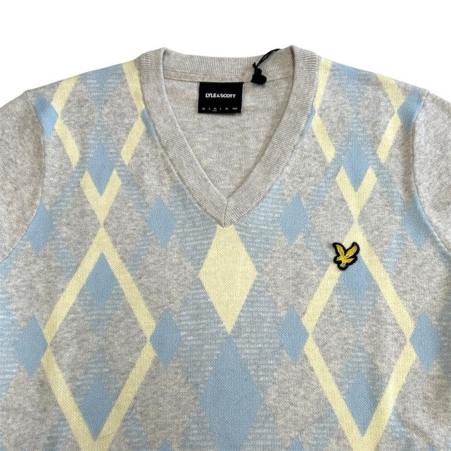 KN2490V Cotton Argyle V Neck Jumper LightGreyMarl/OpalBlue-Y391