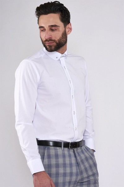 Benson White Penny Collar Shirt With Collar Bar White