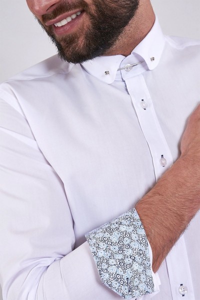Benson White Penny Collar Shirt With Collar Bar White