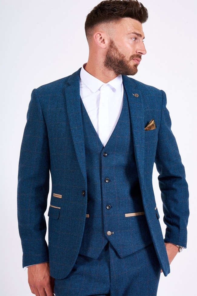 Dion Blue Vintage Tweed Check 3 Piece Suit Blue