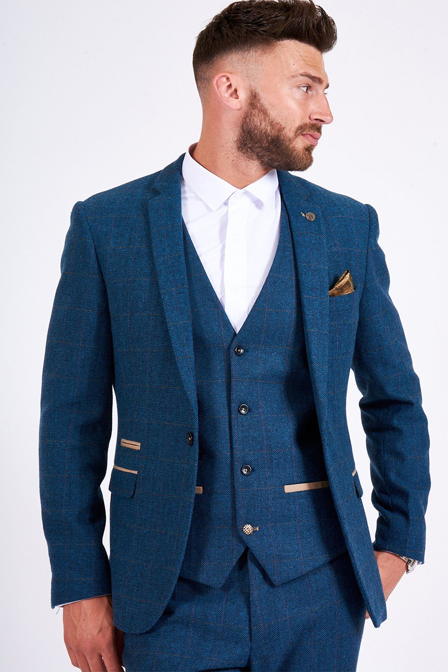 Marc Darcy Dion Blue Vintage Tweed Check 3 Piece Suit