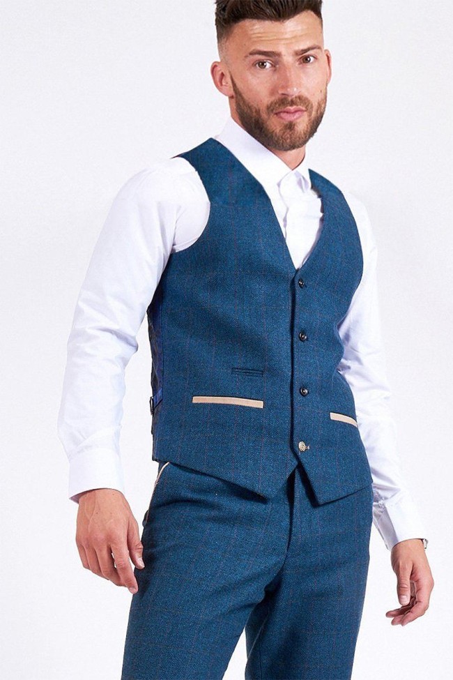 Dion Blue Vintage Tweed Check 3 Piece Suit Blue