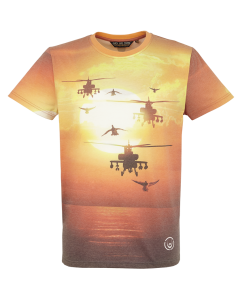 Duck and Cover Jersey T Shirt Orange Sunset and Military Helicopters