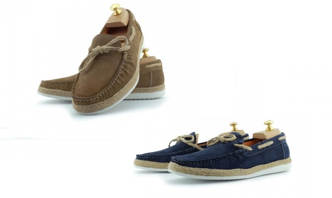"Delmore" Suede Boat Shoes by Paolo Vandini in Tobacco, Mid Blue